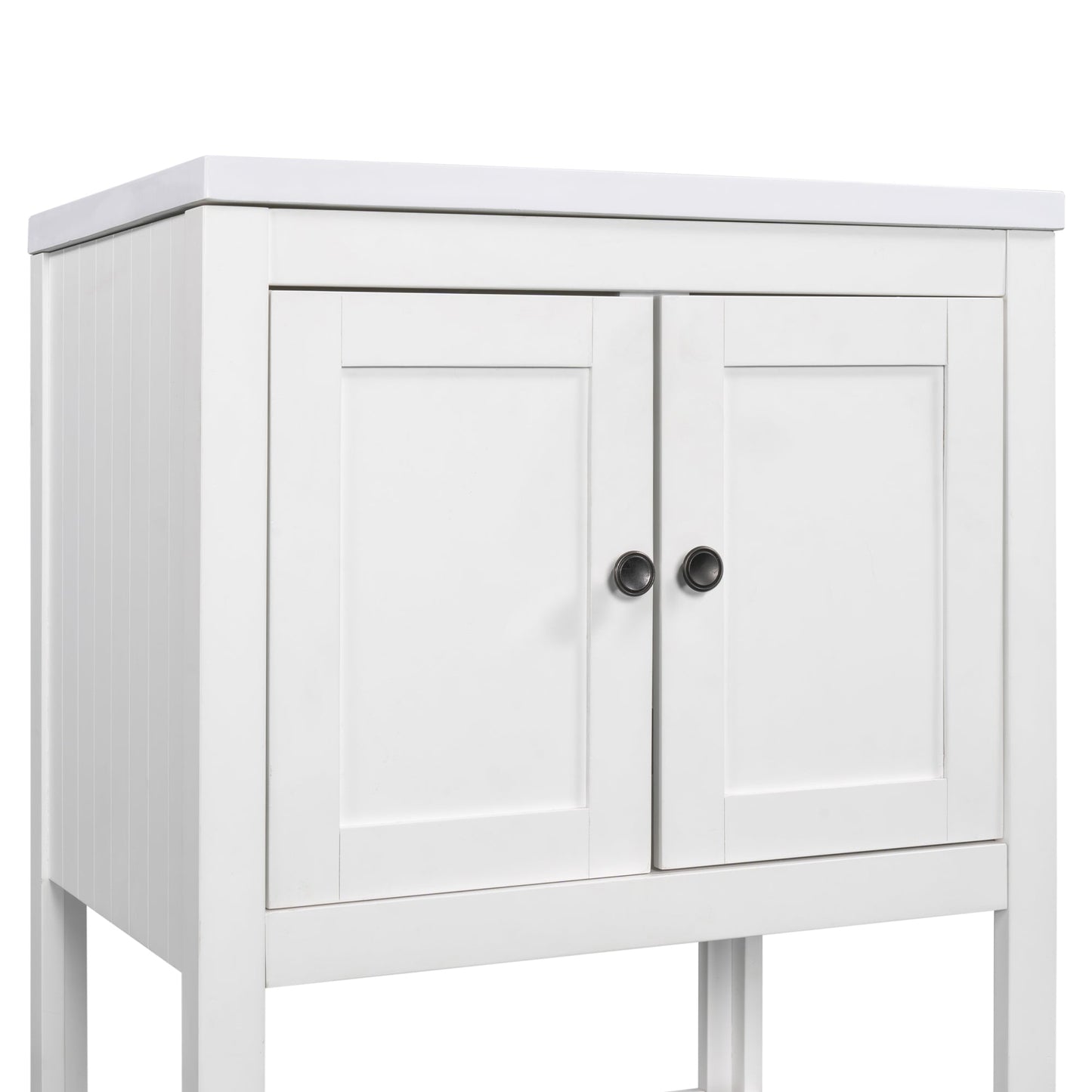 24" White Modern Sleek Bathroom Vanity Elegant Ceramic Sink with Solid Wood Frame Open Style Shelf
