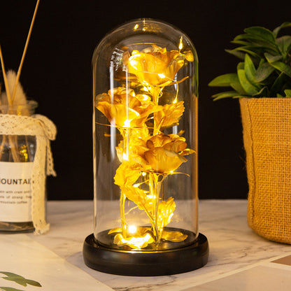 Valentine's Mother's Day Gift: Three Glass Cover Gold Foil Roses Ornament, Eternal Flower LED Night Light