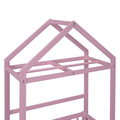 Wooden Twin Size Children's Bed with Detachable Headboard and Integrated Clothes Drying Rack, Pink
