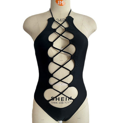 Swimsuit hollow strap sexy one-piece black tight swimsuit women's bikini
