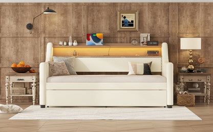 Twin Size Daybed with Trundle, Upholstered Daybed with Charging Station and LED Lights, White