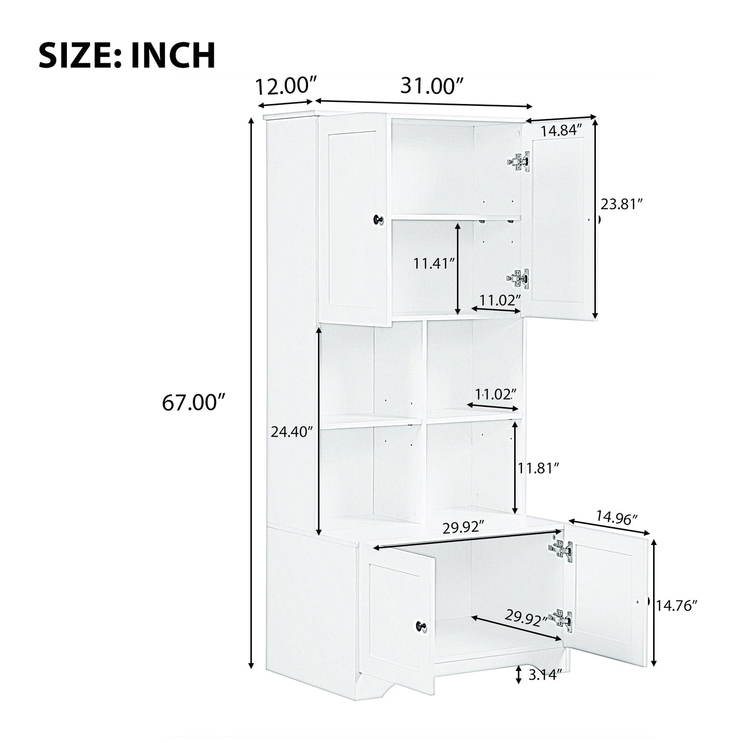Bathroom storage cabinet, 4-door independent cabinet, adjustable shelf, open multi-layer shelf, black