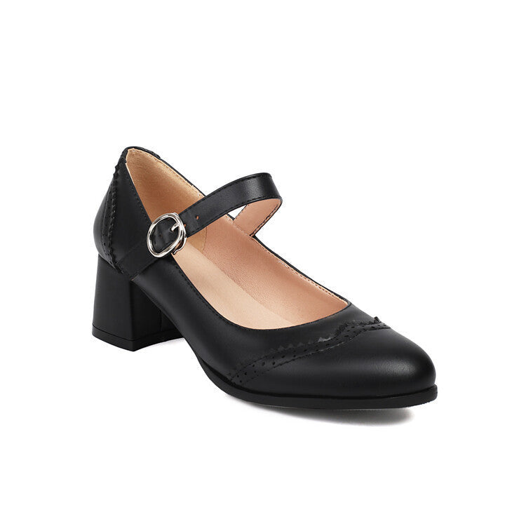 Preppy Style Round Toe Buckle Mid Heel Plus Size Women's Shoes