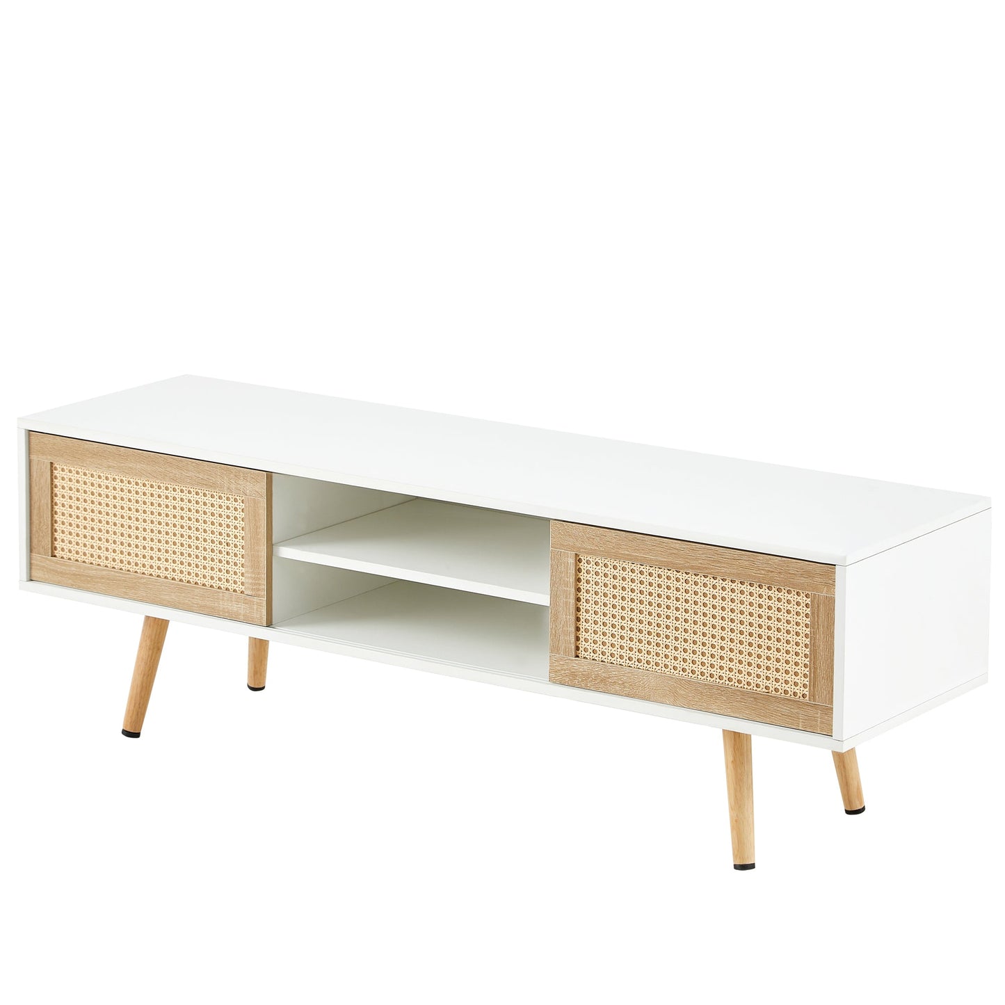 55.12" Rattan TV cabinet double sliding doors for storage adjustable shelf solid wood legs TV console for living room  White