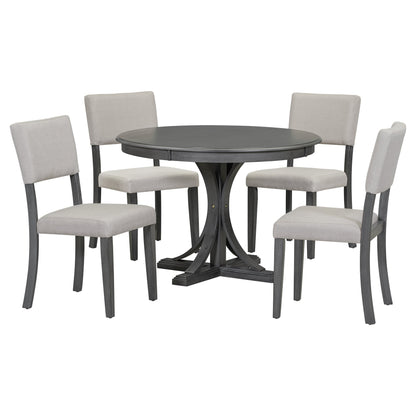 TREXM Five Piece Retro Round Dining Table Set with Curved Brackets and 4 Restaurant Cushioned Chairs (Dark Gray)