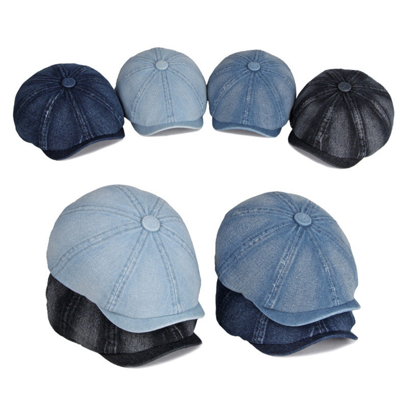 Spring Autumn Washed Denim Octagonal Beret