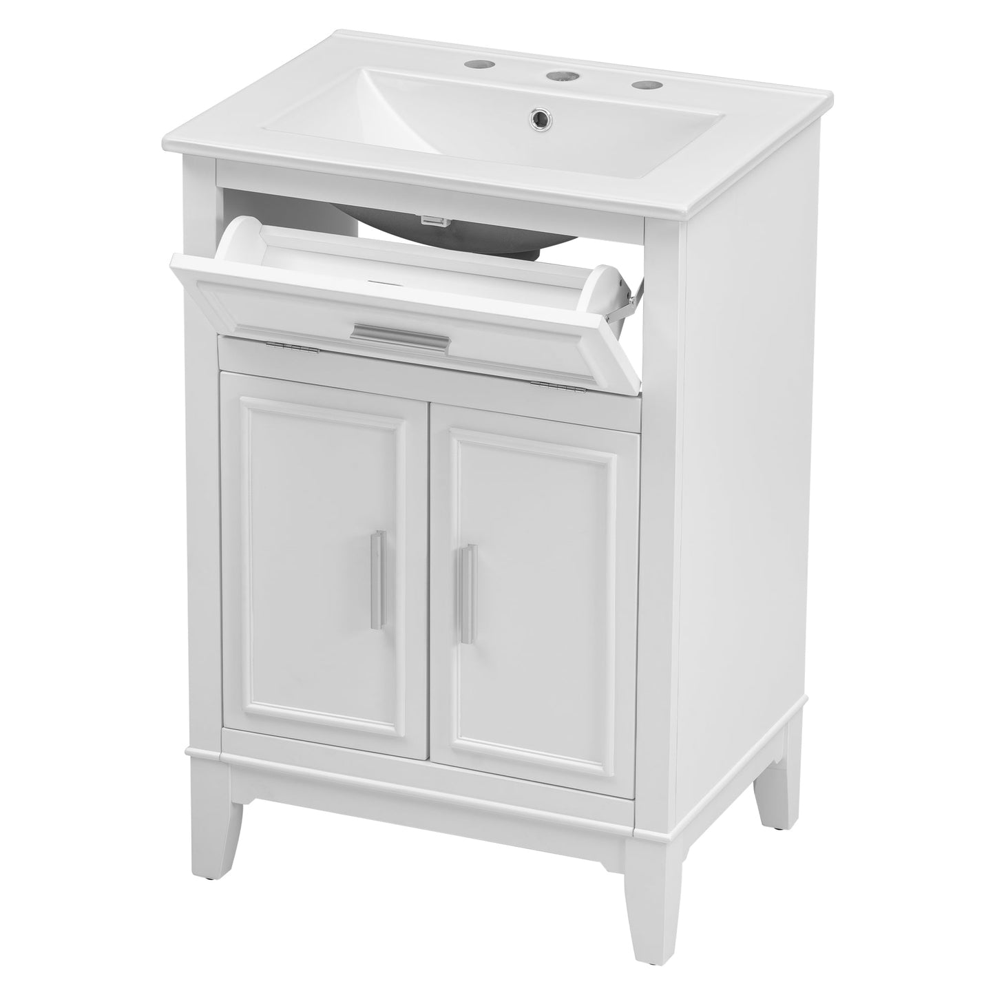 24" Bathroom Vanity with Sink, Bathroom Vanity Cabinet with One Flip Drawer and Doors, Solid Wood and MDF, White
