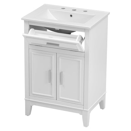24" Bathroom Vanity with Sink, Bathroom Vanity Cabinet with One Flip Drawer and Doors, Solid Wood and MDF, White