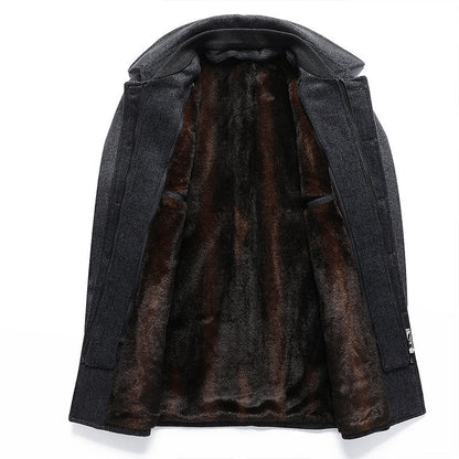 Men's Woolen Coat Mid-length Fleece Plaid Detachable Double Collar