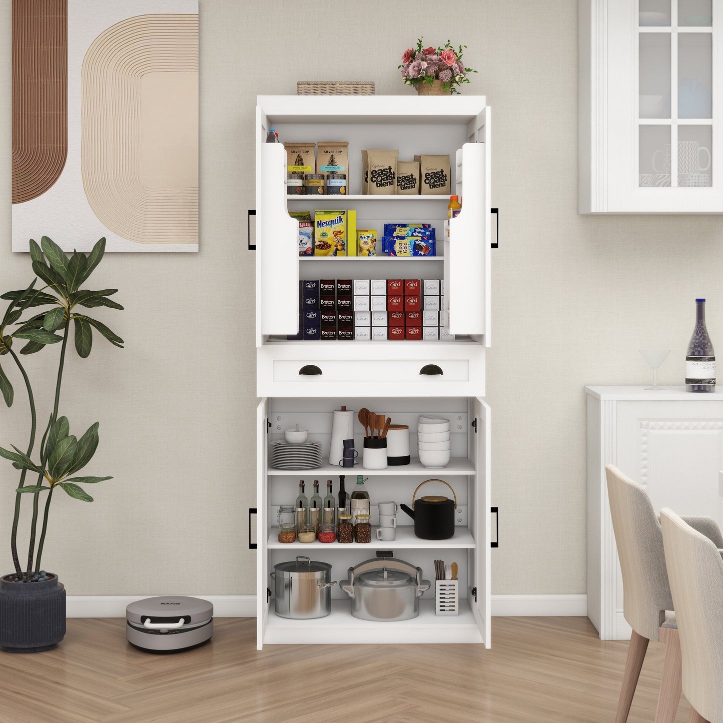 71" Kitchen Pantry Storage Cabinet with 4 Doors(2Doors with Racks)1 Drawer 2 Adjustable Shelves Freestanding Cupboard