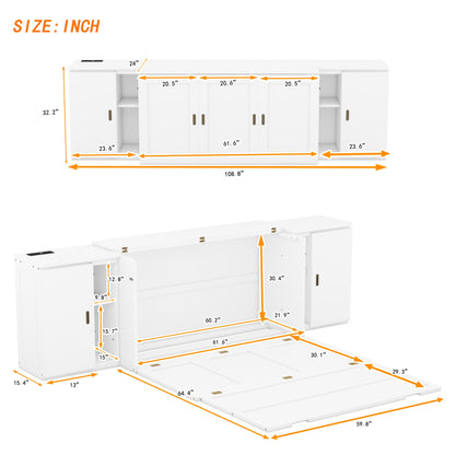 Queen Size Murphy Bed with Shelves, Cabinets and USB Ports,White