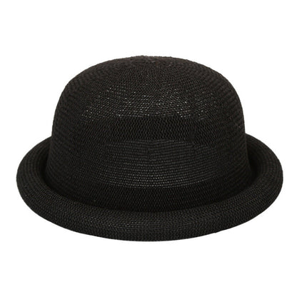 Women's Straw Yarn Curled Brim Round Crown Top Hat Leisure Basin Hat