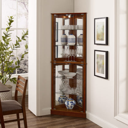 Corner Curio Dispaly Cabinet with Lights, Adjustable Tempered Glass Shelves, Mirrored Back,Walnut(E26 light bulb not included)