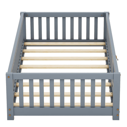 Twin Size Bed Floor Bed with Safety Guardrails and Door for Kids, Gray
