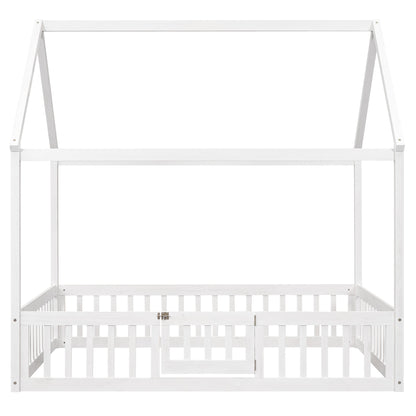 Full Size Wood House Bed with Fence and Door White Wash
