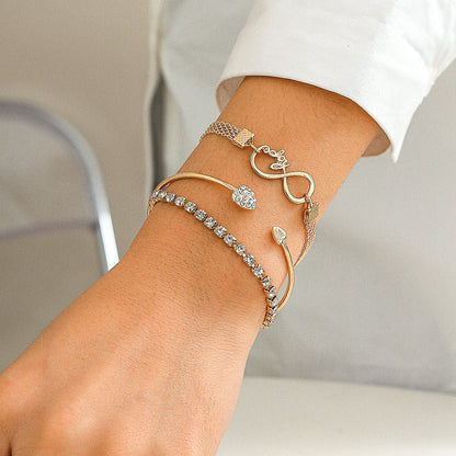 Retro heart-shaped full diamond chain 8-shaped bracelet, simple geometric rhinestone micro inlaid versatile bracelet for women