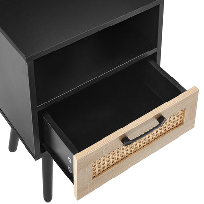 15.75" Rattan End table with drawer and solid wood legs Modern nightstand side table for living room black