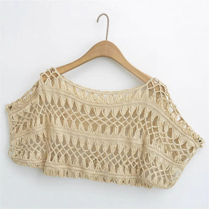 Fashionable and Sexy  Style Women's Round Neck Crochet Top with Loose Fit