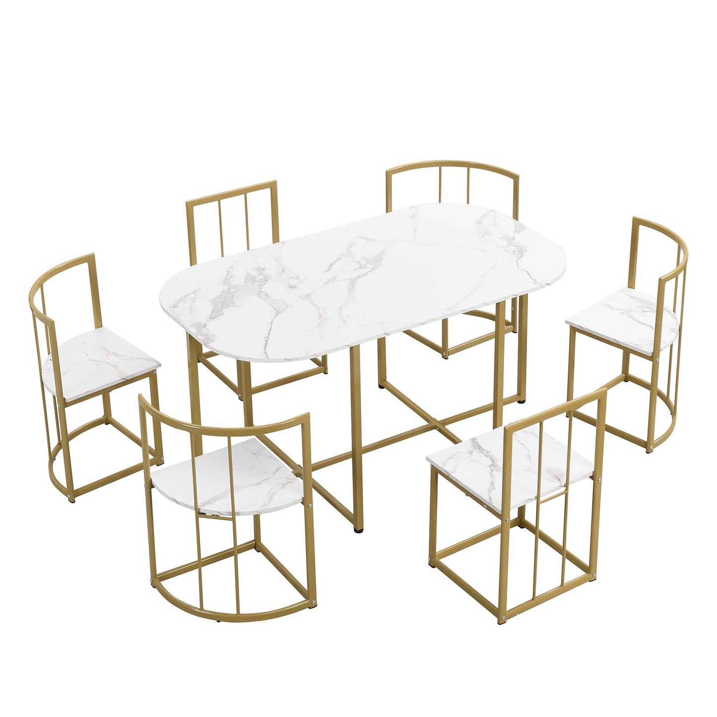 TOPMAX Modern 7-Piece Dining Table Set with Faux Marble Compact 55Inch Kitchen Table Set for 6  Golden+White