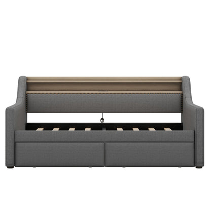 Twin Size Daybed with Storage Drawers, Upholstered Daybed with Charging Station and LED Lights, Gray