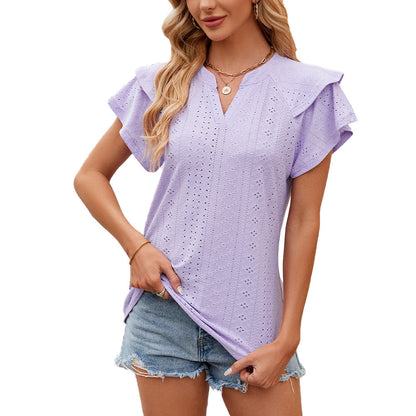 Solid Color Double-layer Sleeve V-neck Loose Short Sleeve T-shirt Top