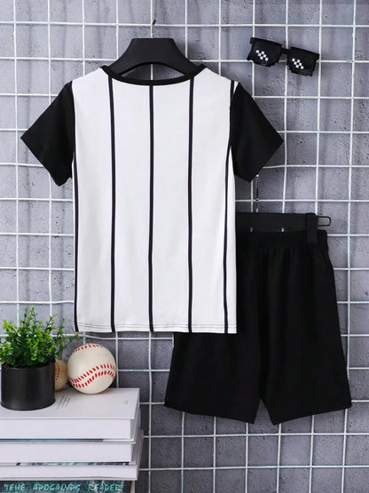 Children's Round Neck Contrast Striped T-Shirt and Shorts Set