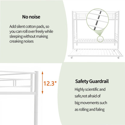 Heavy-duty Sturdy Meta Twin over Twin with Trundle Bunk Bed/l/ Noise Reduced/ Safety Guardrail/No Box Spring Needed,White