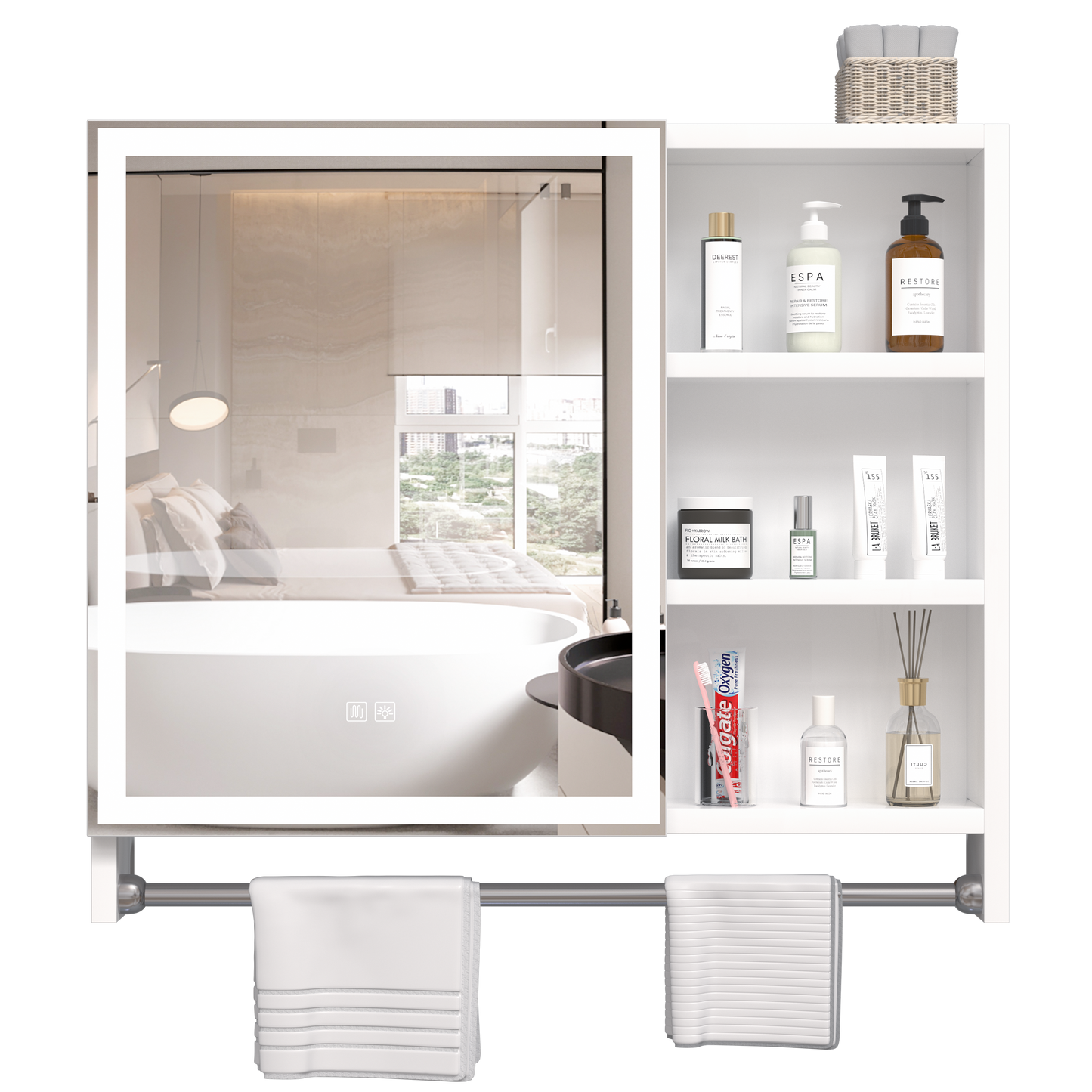 Modern 32x28 inch bathroom storage cabinet with mirrors, LED lights, multi-layer storage compartments, and towel racks