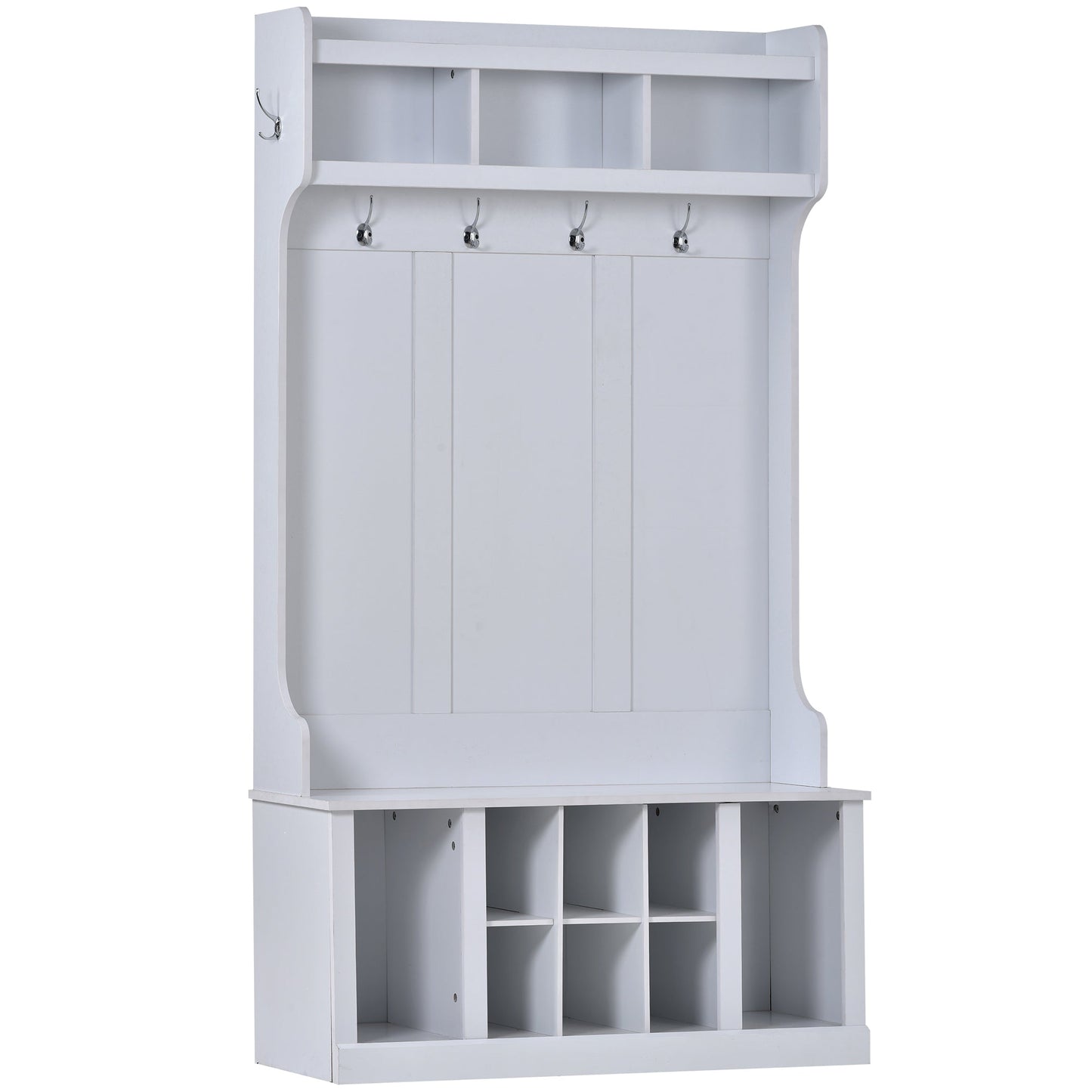 U-Can Hall Tree with 6 Hooks  Coat Hanger Entryway Bench Storage Bench (White)