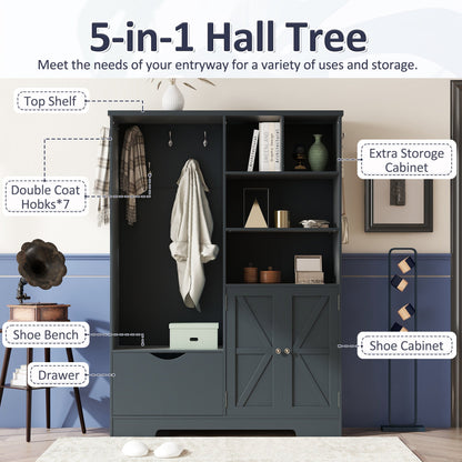Multi-functional Hall Tree with Storage Shelves Drawers and Cabinet, Elegant Hallway Shoe Cabinet with Bench Antique Blue