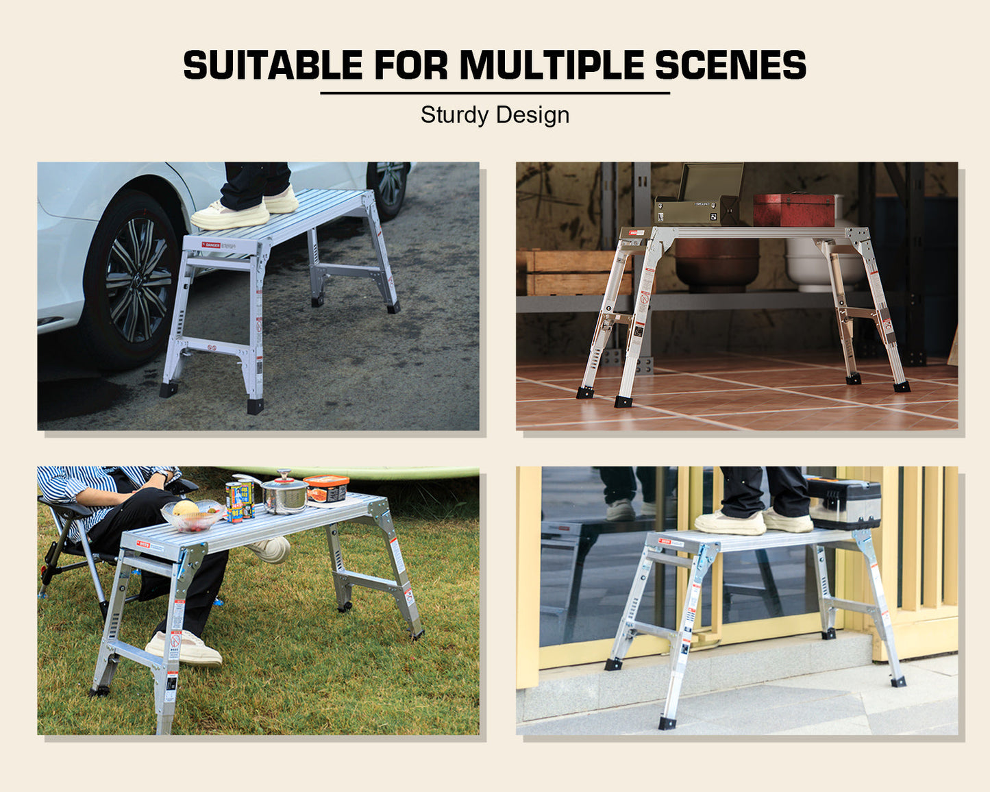 Aluminum Work Platform Large Size Step Stool Folding Portable Work Bench 40" Width Telescopic Feet 22" -27.5" Height Adjustable