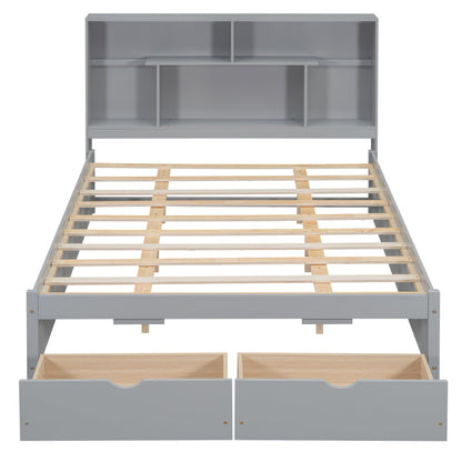 Queen Size Platform Bed with Storage Headboard and 2 Drawers, Gray