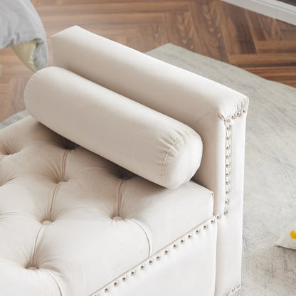 Storage Bench, 44.5-Inch Queen Velvet Button Bedside Bench, Entryway Living Room with Armrests, Nailhead Trim Cream White