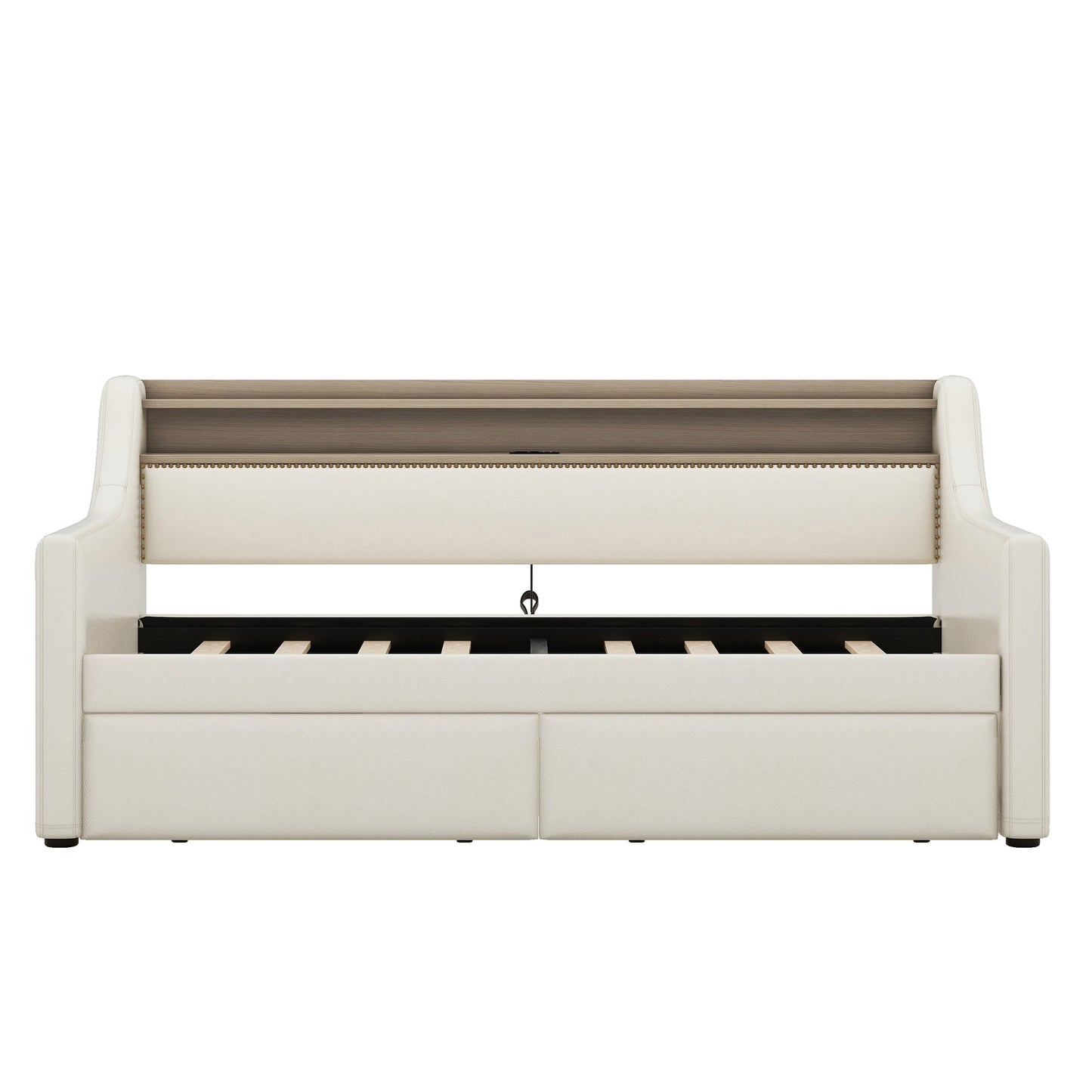 Twin Size Daybed with Storage Drawers, Upholstered Daybed with Charging Station and LED Lights, Beige