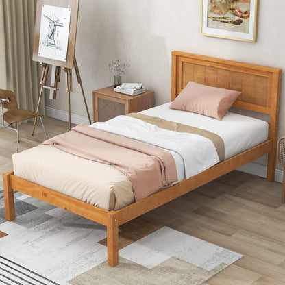 Platform Bed Frame with Headboard  Wood Slat Support  No Box Spring Needed Twin Oak