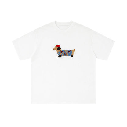 Sausage Dog Flocking Embroidery Short Sleeve T-Shirt Unisex INS Casual Loose Pure Cotton Top Summer Tee Street Fashion