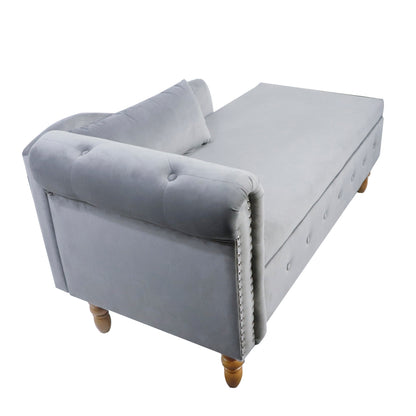Grey Chaise Lounge Indoor Velvet Lounge Chair for Bedroom with Storage & Pillow Modern Upholstered Rolled Arm Chase Lounge