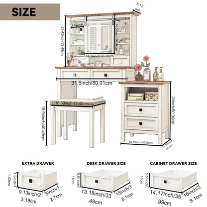 46.5-inch dressing table with adjustable LED lighting mirror and charging station, equipped with soft cushioned stool