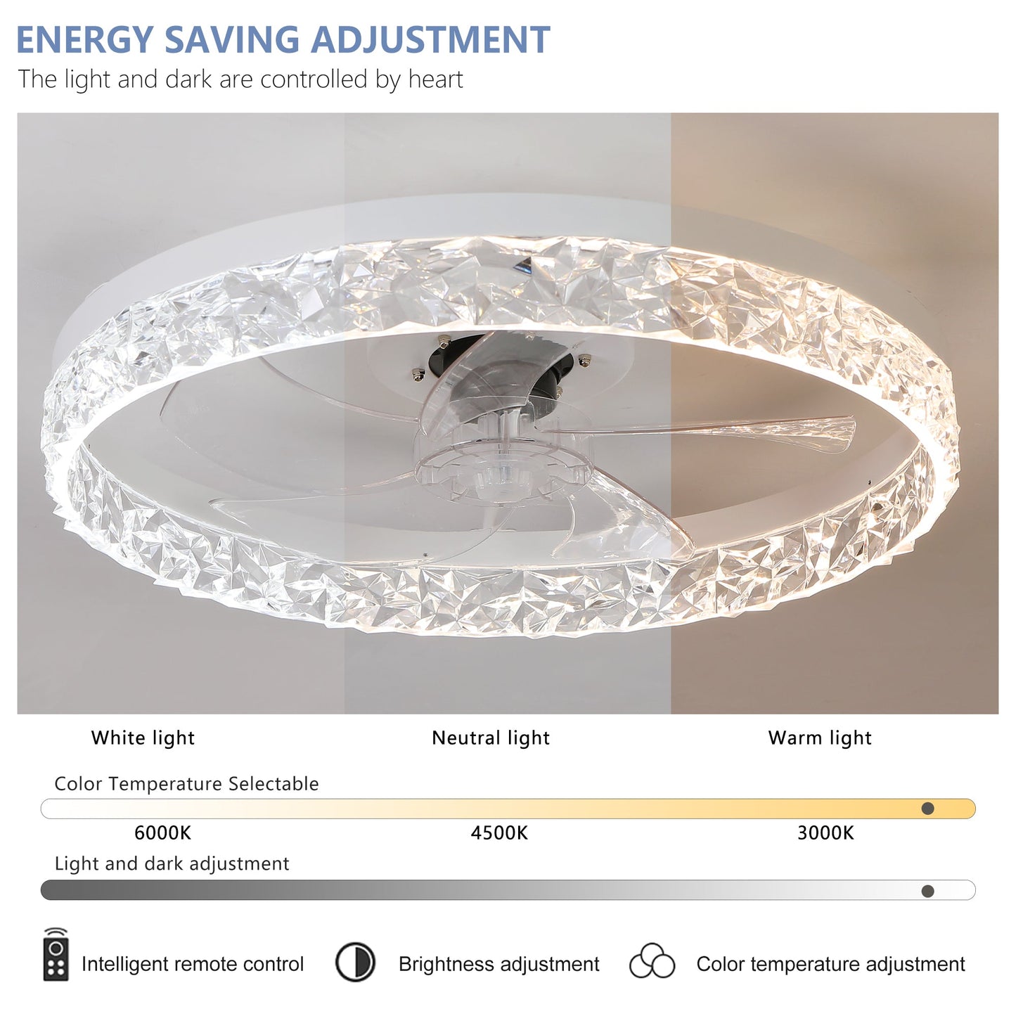 Modern acrylic ceiling fan light with remote control, dimmable LED pendant light, 6-speed adjustable, silent motor