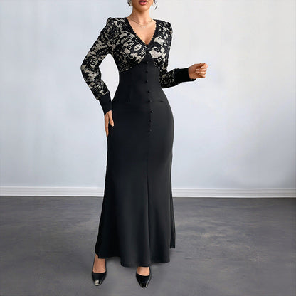 Sexy Retro Lace Splicing Long Sleeve V-neck Dress for Evening and Date