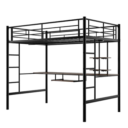 Loft Bed with Desk and Shelf   Space Saving Design Full Black