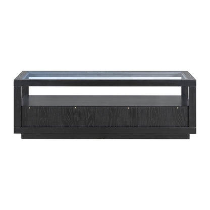 U-Can modern wooden coffee table with 2 drawers and minimalist display coffee table with transparent tempered glass