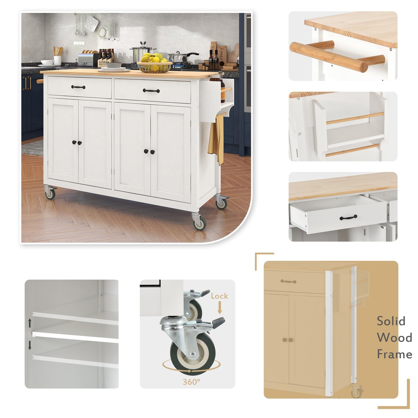 Kitchen Island Cart with Solid Wood Top and Locking Wheels 54.3 Inch Width  (White)