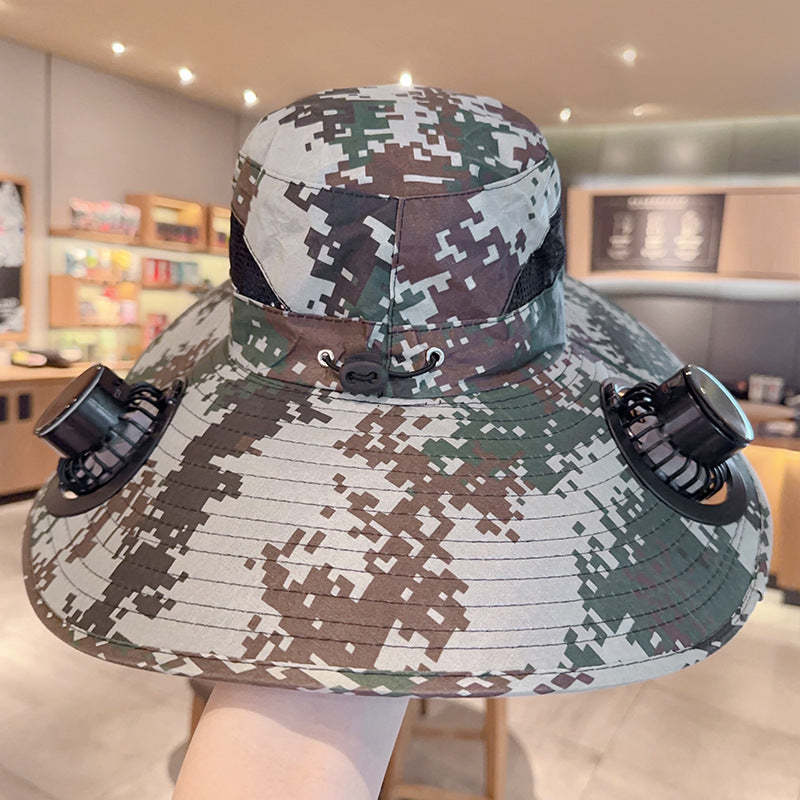 Solar powered fan large brim hat men's outdoor sunshade hat mountain climbing fisherman hat