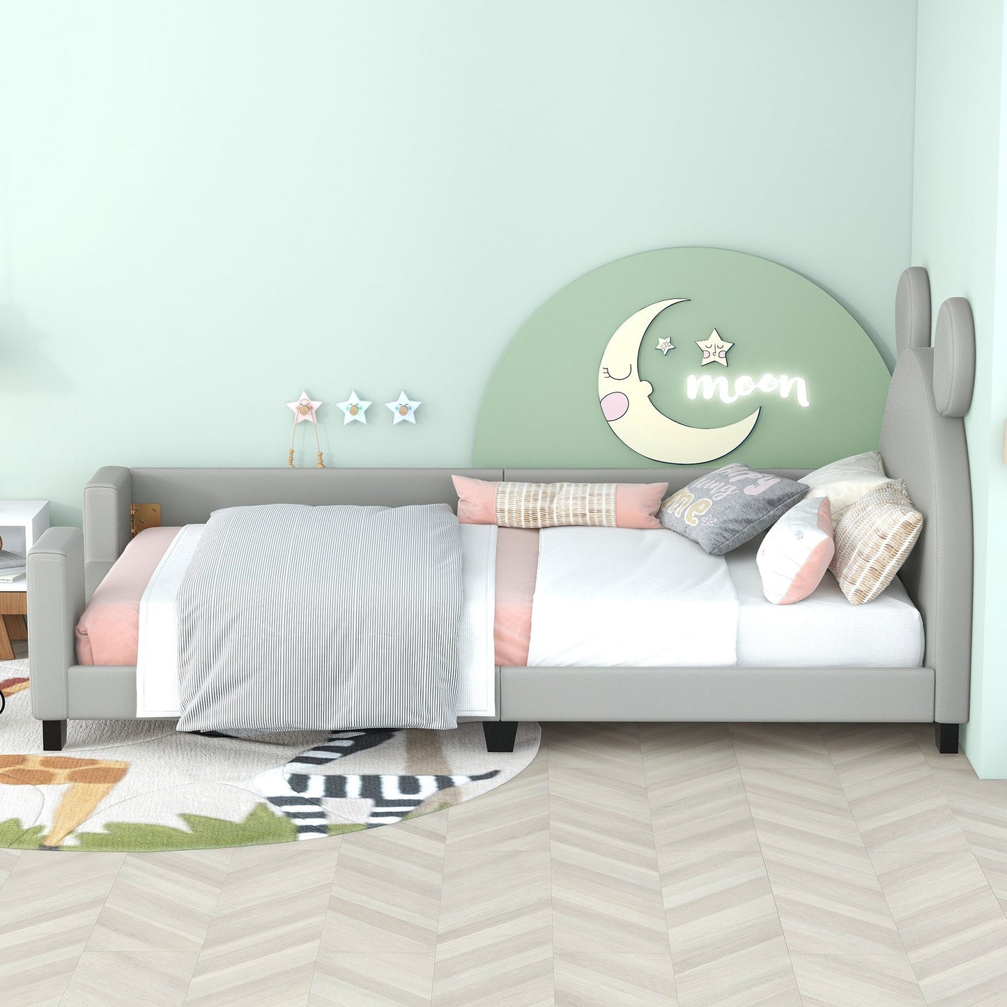 Twin Size Upholstered Daybed with Carton Ears Shaped Headboard  Grey