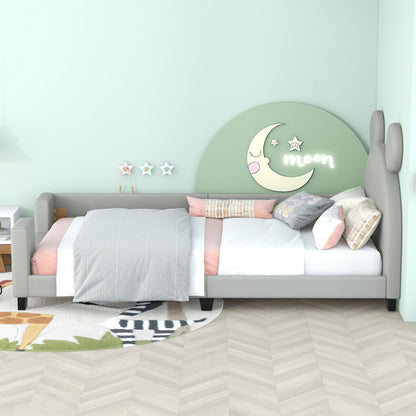 Twin Size Upholstered Daybed with Carton Ears Shaped Headboard  Grey