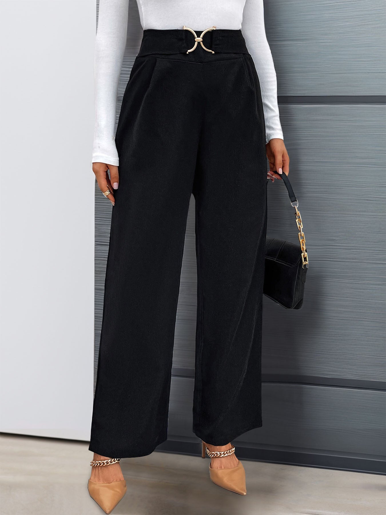 Autumn women's solid color with buckle high waisted straight leg pants