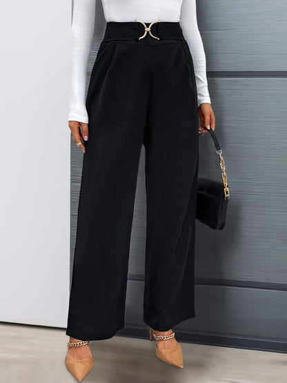 Autumn women's solid color with buckle high waisted straight leg pants