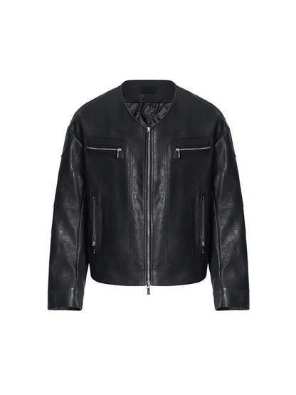 Niche V-neck Zipper Design Leather Coat For Men