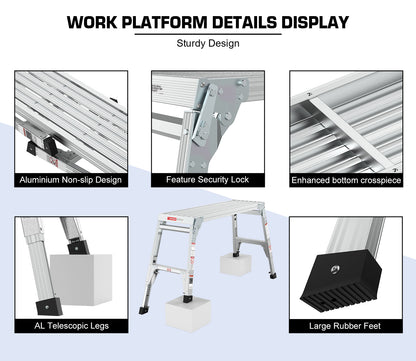 Aluminum Work Platform Large Size Step Stool Folding Portable Work Bench 40" Width Telescopic Feet 22" -27.5" Height Adjustable